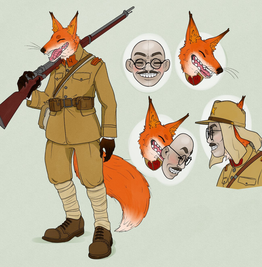 anthro belt belt_pouch canid canine clothing digital_media_(artwork) eyes_closed fangs footwear fox gun hi_res humanoid_face male mammal mask open_mouth ranged_weapon rifle shoes simple_background solo uniform weapon whiskers xenopera