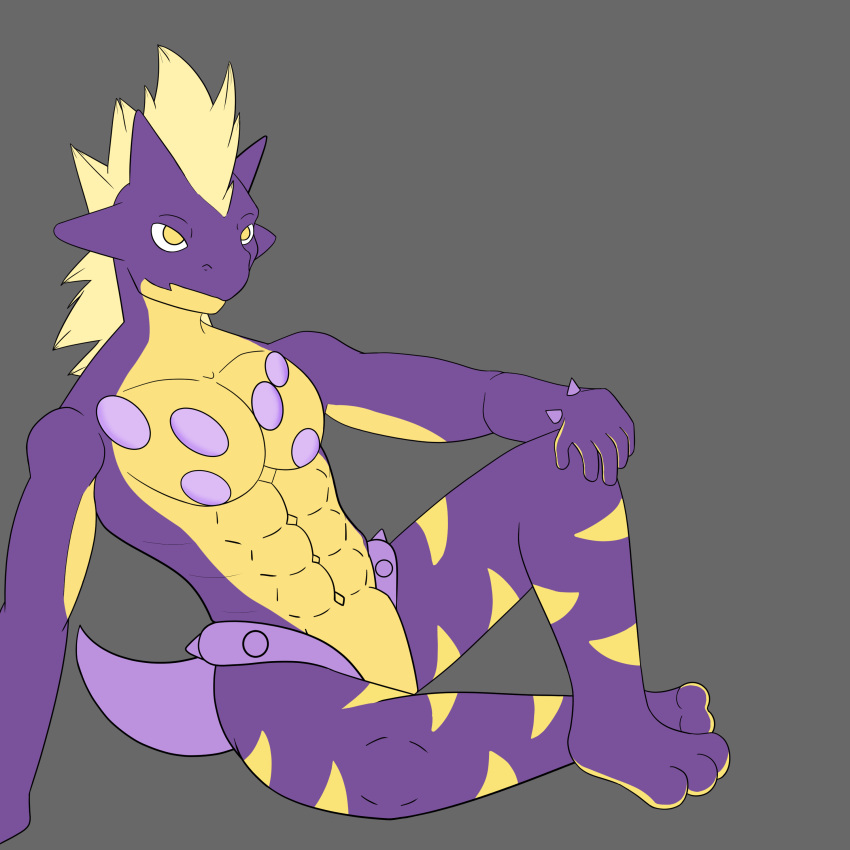 1:1 3loy abs absurd_res amped_toxtricity anthro digital_media_(artwork) hi_res male muscular muscular_anthro muscular_male nintendo pecs pok&eacute;mon pok&eacute;mon_(species) purple_body scalie smile solo toxtricity video_games yellow_body