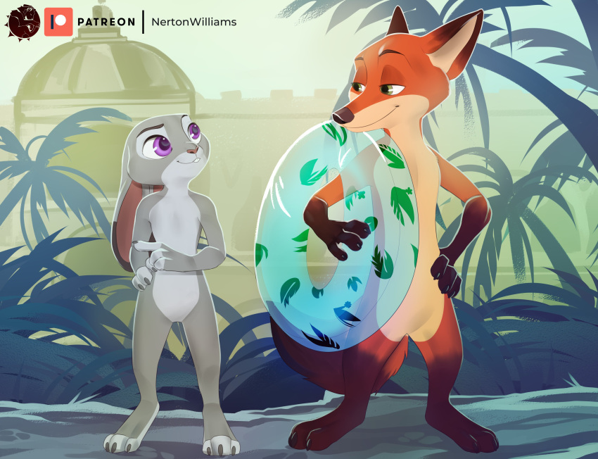 2021 absurd_res anthro canid canine claws clothed clothing day detailed_background digital_media_(artwork) dipstick_ears disney featureless_crotch feet female fingers flat_chested fox fur gesture gloves_(marking) hand_on_hip hi_res inflatable inner_tube judy_hopps lagomorph leg_markings leporid male mammal markings multicolored_body multicolored_ears multicolored_fur nerton nick_wilde nude outside pointing purple_eyes rabbit size_difference sky smile socks_(marking) toe_claws toes two_tone_body two_tone_fur zootopia