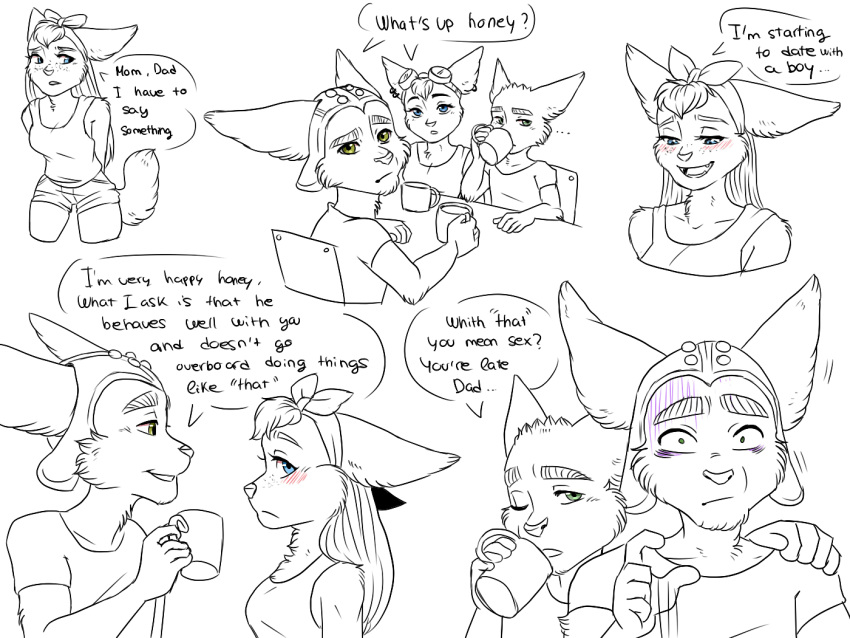 4:3 anthro blush comic drinking english_text eyewear family fan_character female goggles group hand_on_shoulder insomniac_games lombax male mammal naiacreations one_eye_closed parent parent_and_daughter parent_and_son ratchet ratchet_and_clank rivet_(ratchet_and_clank) sony_corporation sony_interactive_entertainment speech_bubble stripes text video_games