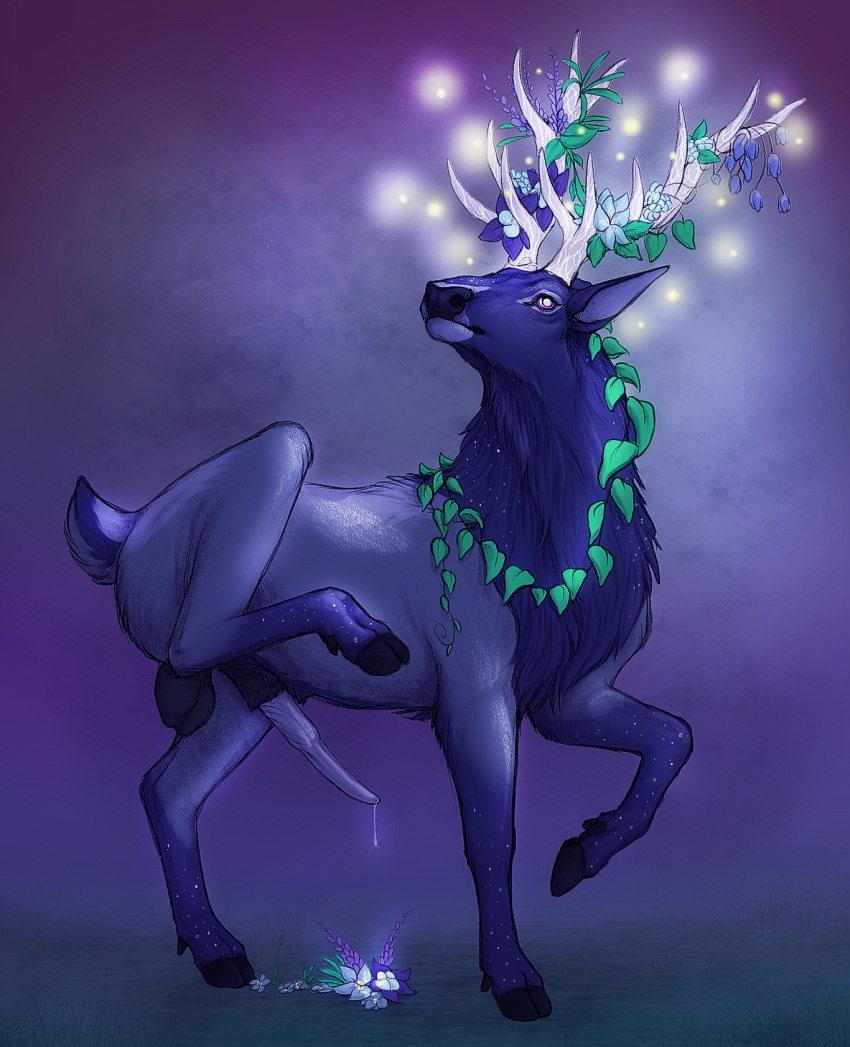 anatomically_correct anatomically_correct_genitalia anatomically_correct_penis animal_genitalia animal_penis antlers aster_(enigmasyndrome) balls big_balls blue_body blue_fur bodily_fluids cervid cervine cervine_penis cum deity elk erection feral flower fur genital_fluids genitals glowing glowing_body glowing_fur hi_res hooves horn kaylii male mammal penis pink_eyes plant raised_leg solo star tapering_penis yaroul