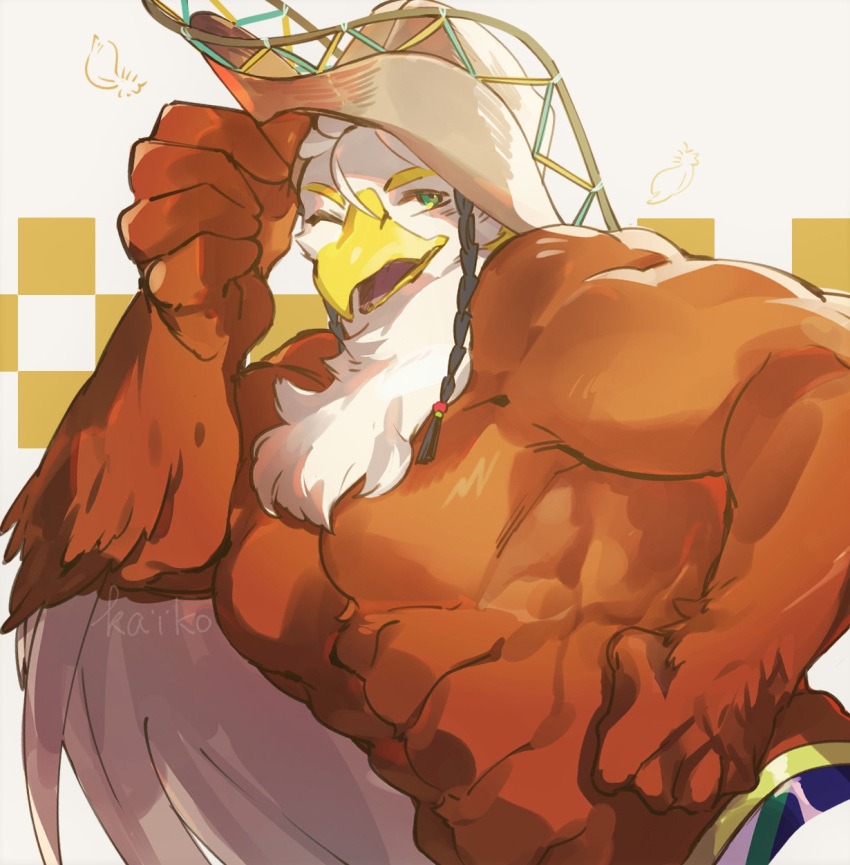 abs accipitrid accipitriform anthro avian beak bird brown_body brown_feathers clothing cowboy_hat eagle feathers green_eyes hat headgear headwear hi_res kaiko_003f male muscular muscular_anthro muscular_male one_eye_closed pecs solo speedo swimwear thunderbird_(tas) tokyo_afterschool_summoners video_games wink