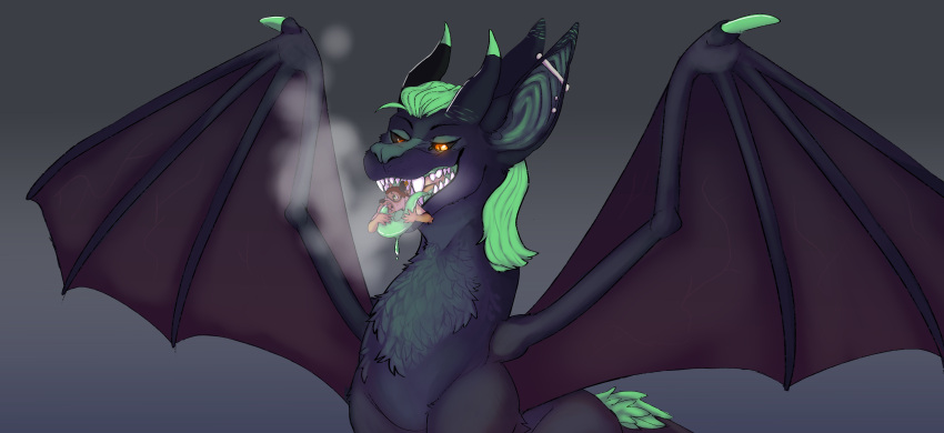 absurd_res anthro basil_eisen black_body black_fur bodily_fluids dragon duo feral fur green_hair hair hi_res male male/male mammal oral_vore rodent saliva saliva_string scalie size_difference spread_wings sulfur_(evetheone) toxic_soda vore western_dragon wings yellow_eyes