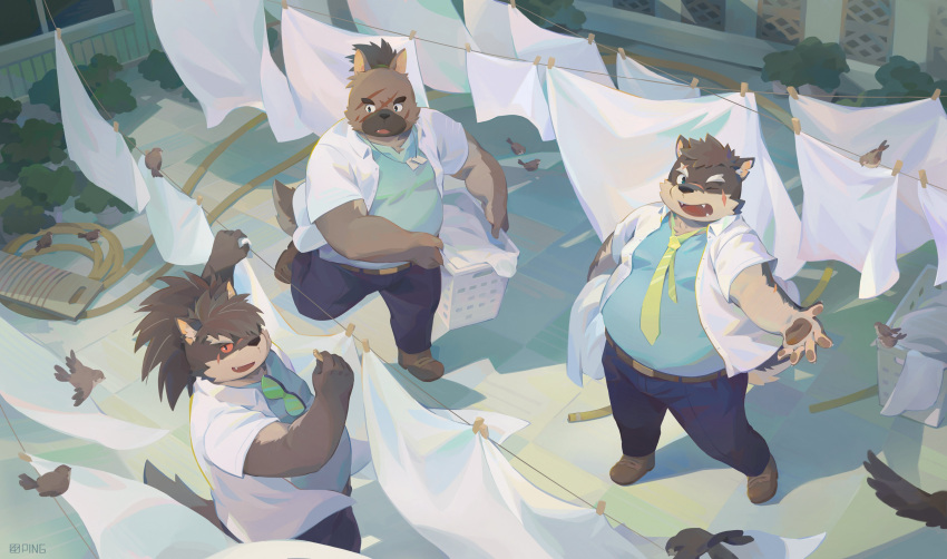 absurd_res anthro canid canine canis clothes_line clothing domestic_dog dress_shirt group hair hi_res laundry long_hair male mammal moritaka necktie obese overweight ponytail seamonsterping shino_(housamo) shirt tokyo_afterschool_summoners topknot topwear video_games yasuyori