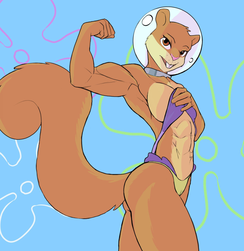 abs anthro bikini breasts brown_body brown_eyes brown_fur buckteeth butt clothing f_draws female flexing fur hi_res looking_at_viewer mammal muscular muscular_arms muscular_female nickelodeon plant rodent sandy_cheeks sciurid smile solo spongebob_squarepants swimwear teeth tree tree_squirrel underwater water