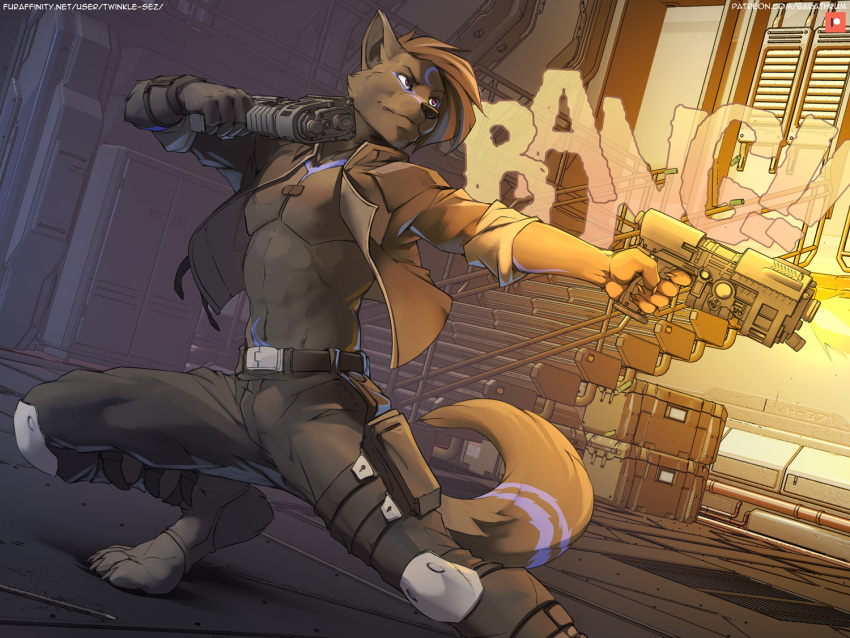 2021 4:3 anthro bottomwear canid canine canis city clothing container cyberpunk descriptive_noise digitigrade dual_wielding furaffinity gun holding_object holding_weapon jacket male mammal pants ranged_weapon solo stairs text topwear twinkle-sez url weapon wolf