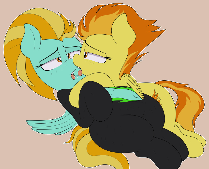 absurd_res airsicksubset bodily_fluids clothing cutie_mark equid equine female female/female french_kissing friendship_is_magic hair hasbro hi_res kissing lightning_dust_(mlp) mammal multicolored_hair my_little_pony navel pegasus saliva simple_background spitfire_(mlp) tight_clothing wings wonderbolts_(mlp)