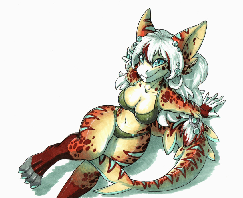 4_toes 5_fingers anthro bikini blue_eyes breasts clothed clothing cute_fangs ewgengster_(artist) feet female fingers fish hair hi_res marine markings membrane_(anatomy) navel non-mammal_breasts partially_clothed shark sitting smile solo spots spotted_markings striped_markings stripes sushi_(sootsprite) swimwear toes webbed_hands white_hair