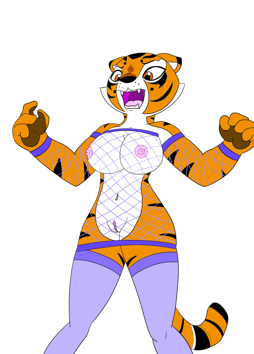 2020 4_fingers anthro areola big_breasts black_body black_fur brea breasts clitoris clothed clothing digital_drawing_(artwork) digital_media_(artwork) dreamworks fangs felid feline felis female fingers fishnet fishnet_clothing fishnet_shirt fishnet_topwear fur genitals hi_res huge_breasts humanoid_genitalia humanoid_pussy kung_fu_panda legwear looking_at_self looking_down mammal markings markings_(fur) master_tigress navel nipples no_underwear open_mouth orange_body orange_fur pantherine portrait principericardo purple_clothing pussy red_eyes simple_background skimpy solo striped_body striped_fur striped_tail stripes surprised_expression teeth thick_thighs thigh_highs three-quarter_portrait tiger tongue white_background white_body white_fur