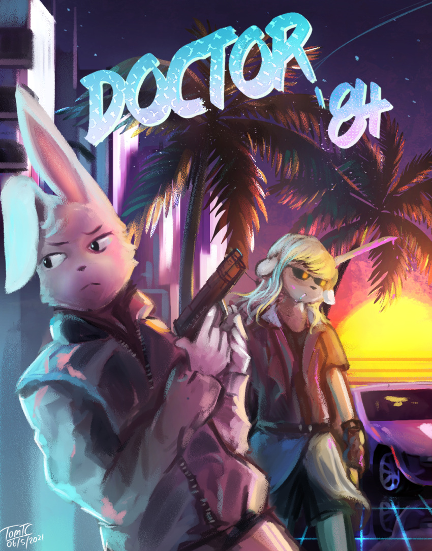 2021 anthro biped bottomwear cigarette clothed clothing detailed_background duo fur gun hair hi_res holding_gun holding_object holding_weapon lagomorph leporid male mammal palm_tree plant rabbit ranged_weapon sunset synthwave tomtc topwear tree weapon white_body white_fur