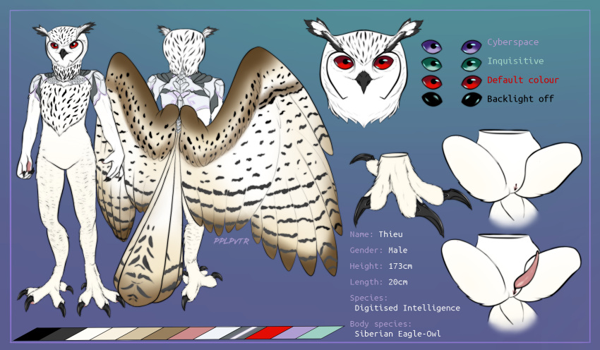 4_fingers 4_toes absurd_res animal_genitalia anisodactyl anthro avian beak biped bird bird_feet black_eyes bubo_(genus) claws cloaca cybernetics description digital_media_(artwork) english_text eurasian_eagle-owl feathered_wings feathers feet fingers full-length_portrait genitals green_eyes hi_res looking_at_viewer machine male model_sheet nude owl penis portrait pplpvtr prehensile_penis purple_eyes red_eyes signature simple_background slit solo tail_feathers talons tapering_penis text thieu_(thieutheowl) toe_claws toes true_owl white_body white_feathers wings