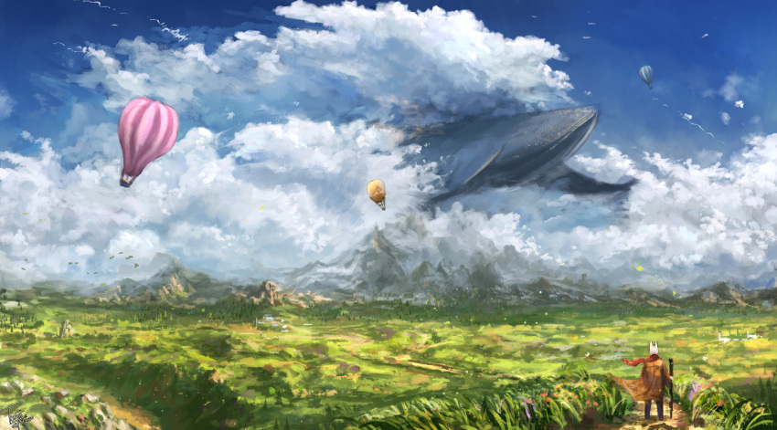 2020 absurd_res aircraft ambiguous_gender anthro balloon cetacean clothed clothing cloud dated detailed_background flying grass hi_res hot_air_balloon inflatable lagomorph landscape leporid mammal marine mountain outside plant rabbit scarf sky tomtc