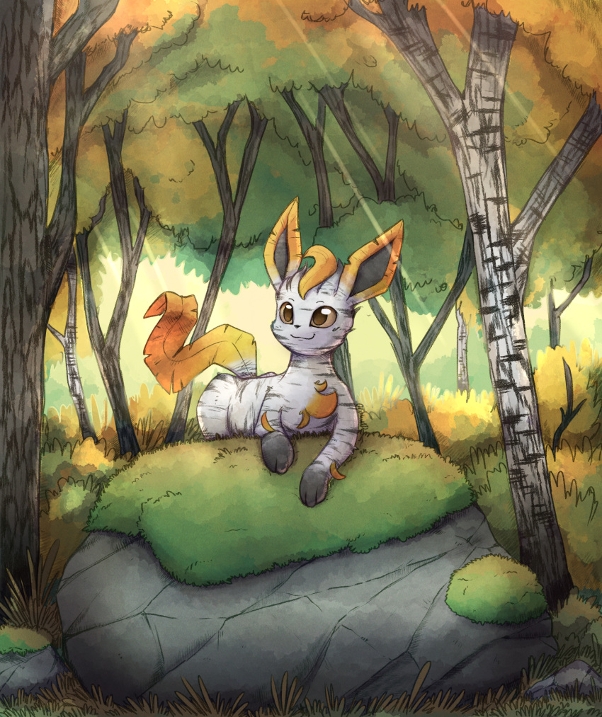 alternate_color ambiguous_gender birch_tree brown_eyes chest_tuft eeveelution feral forest gloves_(marking) grass grey_body hi_res leaf leaf_ears leaf_hair leaf_tail leafeon lying markings moss nintendo on_front orange_body otakuap plant plant_hair pok&eacute;mon pok&eacute;mon_(species) pseudo_hair quadruped rock shaded smile solo tree tuft video_games white_body