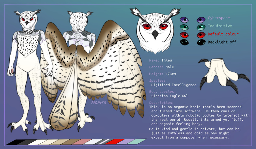 4_fingers 4_toes absurd_res anisodactyl anthro avian beak biped bird bird_feet black_eyes bubo_(genus) claws cybernetics description digital_media_(artwork) english_text eurasian_eagle-owl feathered_wings feathers featureless_crotch feet fingers full-length_portrait green_eyes hi_res looking_at_viewer machine male model_sheet nude owl portrait pplpvtr purple_eyes red_eyes signature simple_background solo tail_feathers talons text thieu_(thieutheowl) toe_claws toes true_owl white_body white_feathers wings