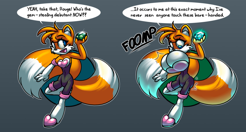 anthro big_breasts big_butt breast_expansion breasts butt butt_expansion canid canine chaos_emerald crossgender english_text expansion female fox hi_res huge_breasts huge_butt mammal miles_prower norithics sega solo sonic_the_hedgehog_(series) text