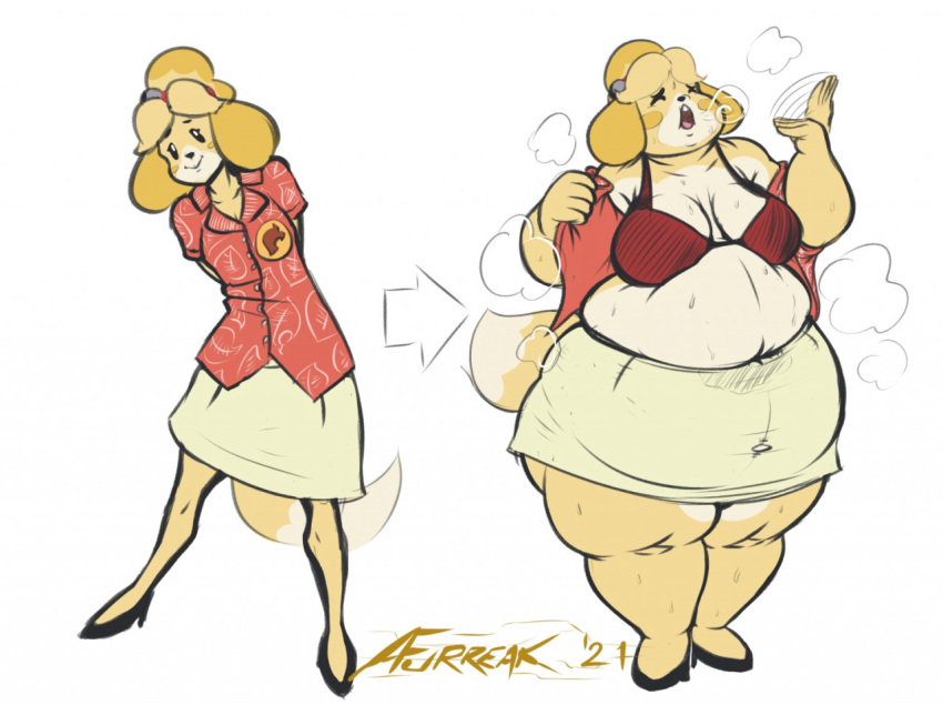 afurreak animal_crossing anthro arrow before_and_after belly big_belly big_breasts bottomwear bra breasts canid canine canis chubby_cheeks clothed clothing domestic_dog eyes_closed female fur hand_behind_back high_heels isabelle_(animal_crossing) mammal navel nintendo obese obese_anthro obese_female open_mouth overweight overweight_anthro overweight_female removing_shirt sequence shih_tzu shirt simple_background skirt smile smiling_at_viewer solo steam thick_thighs topwear toy_dog underwear undressing video_games weight_gain white_background white_body white_fur wide_hips yellow_body yellow_fur