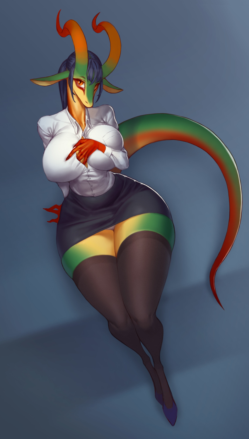 2018 absurd_res anthro big_breasts bottomwear breast_squish breasts clothed clothing curvy_figure digital_media_(artwork) dragon female hair heatboom hi_res horn huge_breasts legwear long_legs long_neck looking_at_viewer miranda_(heatboom) nipple_outline non-mammal_breasts orange_eyes panties pupils scalie simple_background skirt slit_pupils small_waist solo squish thick_thighs thigh_highs underwear upskirt voluptuous wide_hips