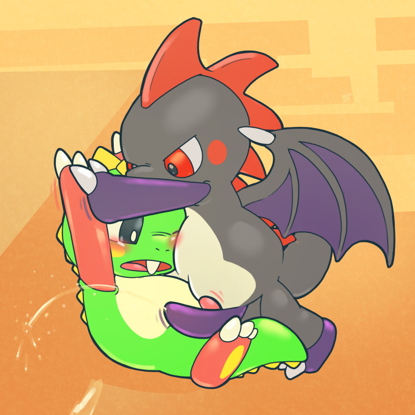 1:1 absurd_res anthro argon_vile black_body blush bodily_fluids bub bub_(bubble_bobble) bubble_bobble bubble_dragon claws develon_(bubble_bobble) digital_media_(artwork) dragon duo erection frottage genital_fluids genitals green_body hi_res male male/male nude open_mouth peeing penis red_eyes reptile scalie sex simple_background taito tongue urine urine_pool urine_stream video_games watersports wings