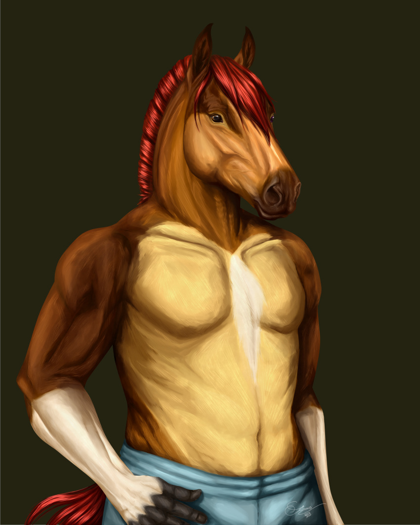 2020 4:5 5_fingers aaron_the_stalion absurd_res anthro biped black_body black_fur bottomwear brown_body brown_eyes brown_fur clothed clothing digital_media_(artwork) equid equine fingers fur green_background hand_on_hip hi_res horse inner_ear_fluff male mammal mane multicolored_body multicolored_fur muscular muscular_anthro navel pants pecs red_mane scarlanya signature simple_background solo tan_body tan_fur topless topless_male tuft vein white_body white_fur