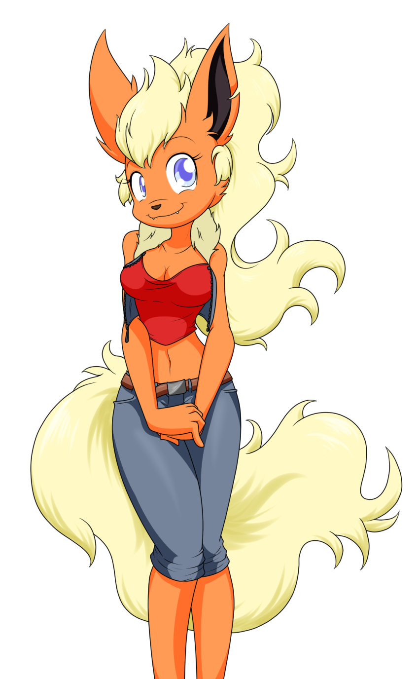 2018 anthro big_breasts blonde_hair blue_eyes bottomwear breasts cleavage clothed clothing denim denim_clothing digital_media_(artwork) eeveelution eyelashes fangs female fingers flareon fur hair hi_res jeans long_hair looking_at_viewer midriff_baring_shirt navel nintendo orange_body orange_fur pants pok&eacute;mon pok&eacute;mon_(species) sandwich-anomaly simple_background smile solo standing teeth topwear tube_top vest video_games white_background zipper