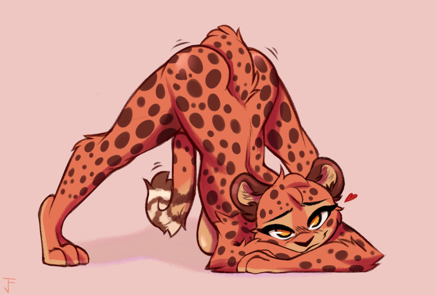 &lt;3 2021 anthro ass_up breasts brown_body brown_fur brown_spots butt cheetah digital_media_(artwork) felid feline female fur head_tuft hi_res jack-o'_pose juantriforce light lighting looking_at_viewer mammal meme nude orange_body orange_fur pink_background pose shaded signature simple_background smile solo spots spotted_body spotted_fur stephie_(fraydia1) tuft