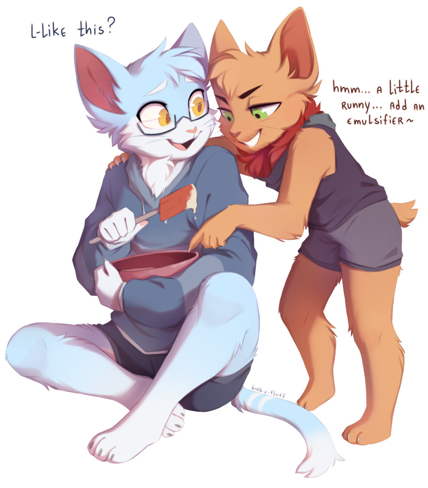 alpha_channel anthro baking biped birb_o_fluff catnip_(khatnid) clothed clothing duo english_text fan_character felid feline felis fluffy fully_clothed hi_res kitchen_utensils league_of_legends looking_at_another male mammal neck_tuft riot_games romantic romantic_couple size_difference spatula teemo_the_yiffer text tools tuft video_games yordle