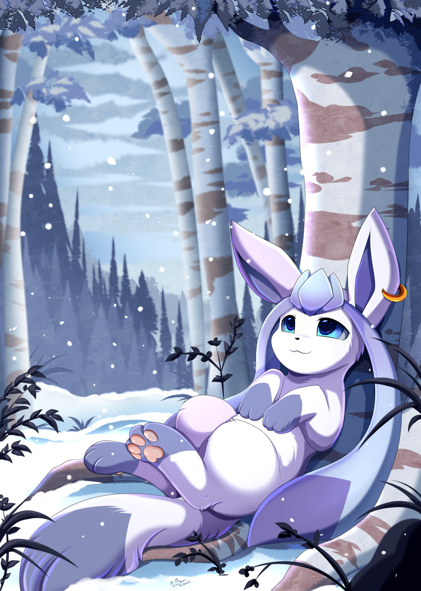 2021 4_toes absurd_res ambiguous_gender birch_tree blue_eyes cloud ear_piercing ear_ring eeveelution fan_character feet feral forest fur glaceon hi_res lying nintendo on_back pawpads paws piercing pink_pawpads plant pok&eacute;mon pok&eacute;mon_(species) pridark purple_body purple_fur relaxing scenery scenery_porn shaded signature sky smile snow snowing solo toes tree underpaw video_games wavy_mouth