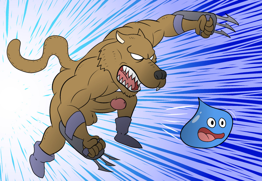 anthro balls blue_body boots boots_only brown_body brown_fur butt canid canine canis chasing claws clothing darkajugin dragon_quest erection footwear footwear_only fur genitals goo_creature hi_res jackal jackal_ripper_(dragon_quest) male mammal mostly_nude nude penis running_away sharp_teeth slime_(dragon_quest) solo speed_lines square_enix teeth video_games weapon white_eyes