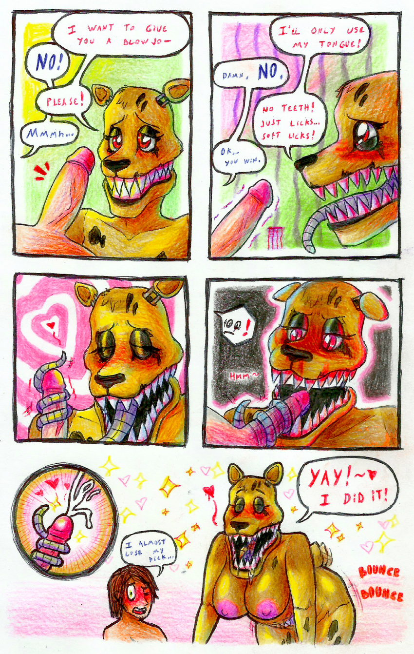absurd_res animatronic anthro begging big_breasts big_butt blood blush bodily_fluids bounce breasts butt comic cum cum_in_mouth cum_inside dream duo ejaculation english_text fellatio female five_nights_at_freddy's five_nights_at_freddy's_4 genital_fluids genitals glowing glowing_eyes happy hi_res human humor interspecies licking long_tongue looking_at_another looking_pleasured machine male male/female mammal monster naive_sex nightmare nightmare_fredbear_(fnaf) open_mouth oral orgasm penile penis penis_lick robot sex size_difference smile tailwag teeth_showing text thick_thighs tongue tongue_out tunk_saray_lovesta ursid video_games what wide_hips yay