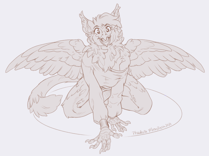 &lt;3 &lt;3_eyes absurd_res anthro avian bird breasts clothed clothing excited feathered_wings feathers felid feline female gryphon hi_res kneeling looking_at_viewer mammal mythological_avian mythology off_shoulder owl pallas's_cat phathusa sketch solo sona_(noxiis) sweater topwear wings