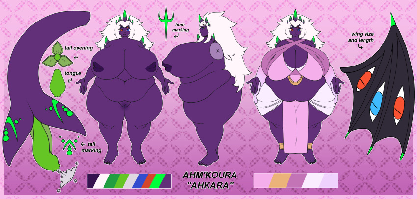 2021 absurd_res ahkara_(azmiaryial) alien big_breasts blue_eyes breasts clothed clothing digital_media_(artwork) eldritch_horror female genitals hair heterochromia hi_res horn humanoid long_hair model_sheet multi_eye nipple_mouth overweight purple_body purple_skin pussy red_eyes satanickpaws skimpy solo tail_maw tail_mouth tattoo thick_thighs white_hair wings