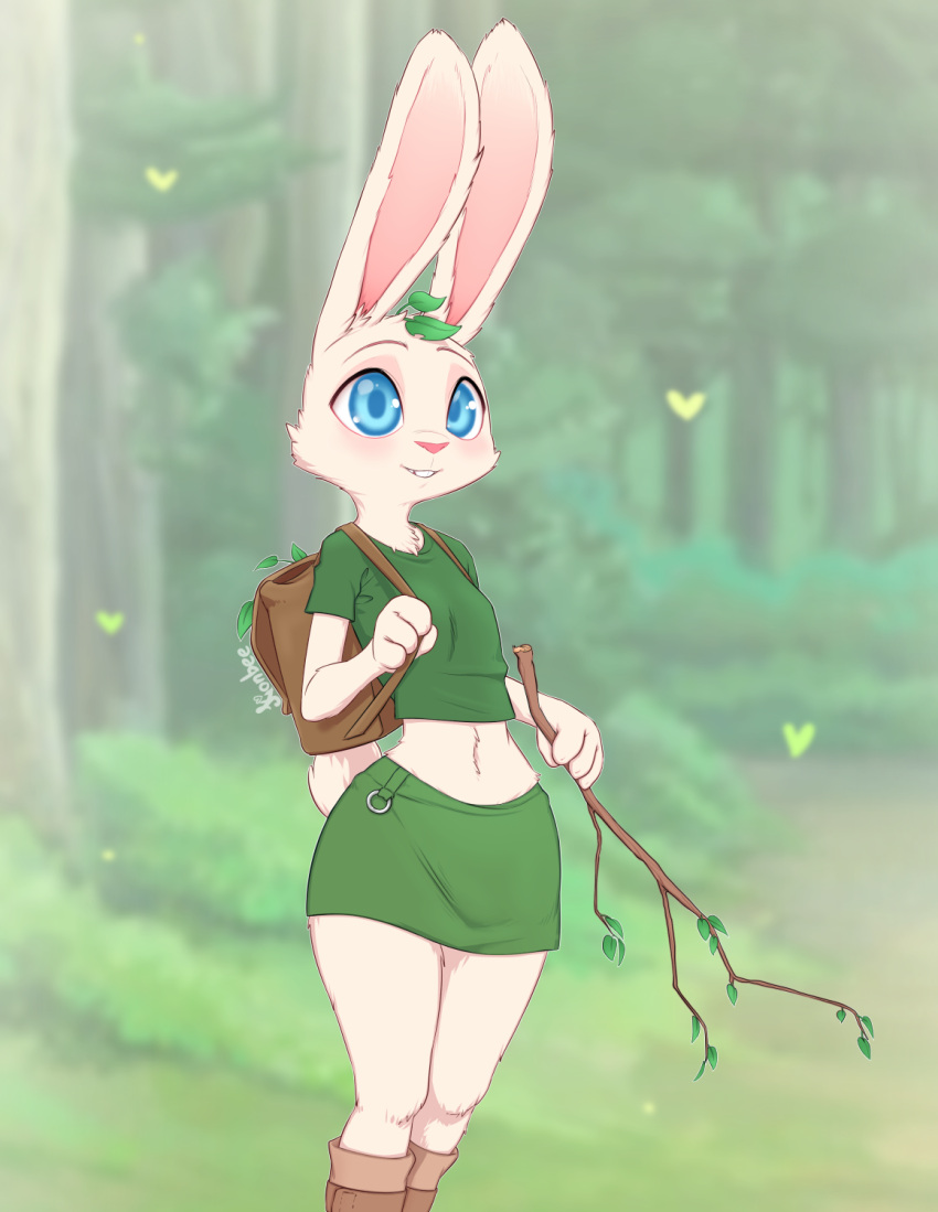 2021 anthro backpack blue_eyes bottomwear branch clothed clothing detailed_background digital_media_(artwork) ears_up female forest fully_clothed fur hi_res holding_object kionbee lagomorph leporid mammal midriff navel outside pink_nose plant rabbit signature skirt smile solo tree white_body white_fur