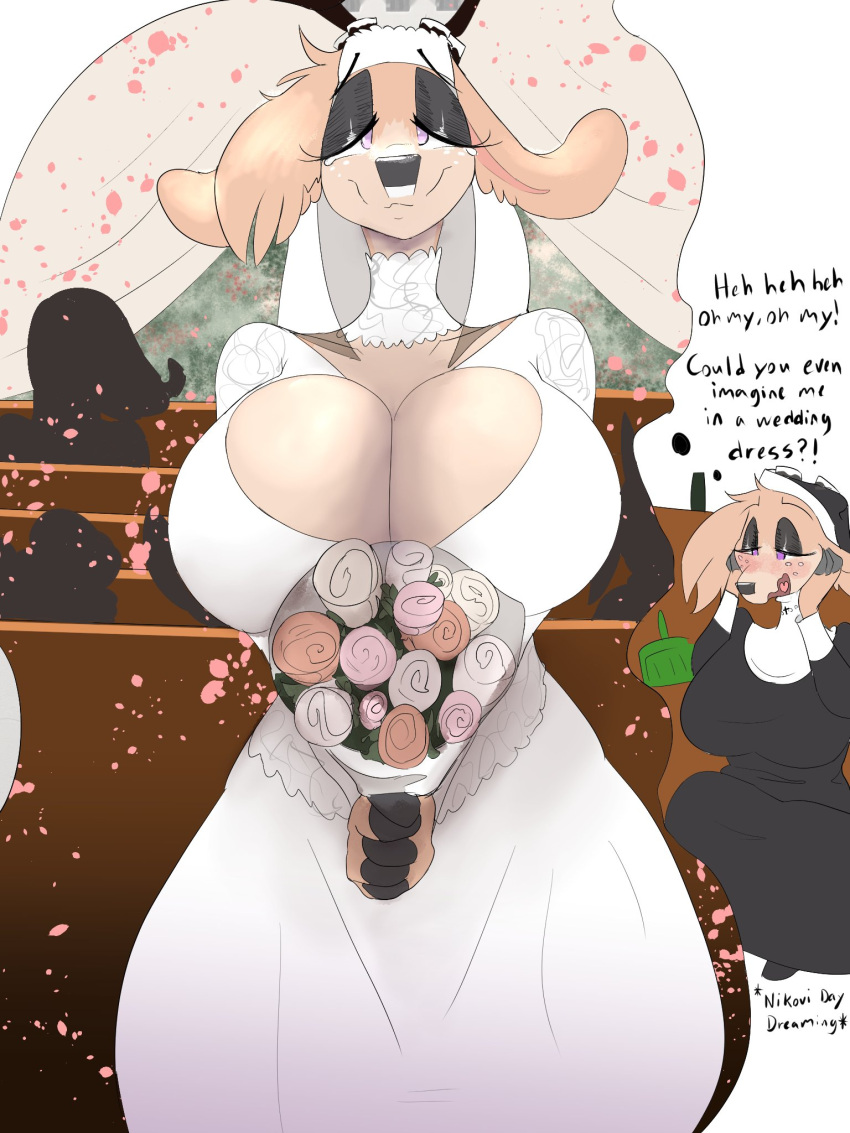 3:4 anthro big_breasts bouquet breasts cervid chasm-006 cleavage clothed clothing dialogue dress english_text female hi_res holding_bouquet huge_breasts mammal nikovi_(chasm) nun text wedding_dress