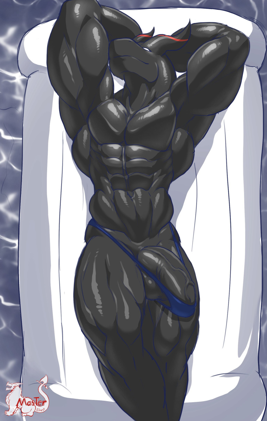 abs absurd_res anthro balls barely_contained black_balls black_body black_penis blue_clothing blue_thong blue_underwear clothed clothing draconer dragon genitals hands_behind_head hi_res ipeto lying male masterelrest muscular muscular_anthro muscular_male on_back penis solo thong topless underwear water