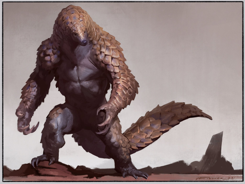 2021 4:3 4_fingers ambiguous_gender anthro biped claws desert detailed digital_media_(artwork) digital_painting_(artwork) featureless_crotch fingers grey_sky hi_res looking_at_viewer mammal muscular muscular_ambiguous muscular_anthro nude outside pangolin scales solo standing step_pose tan_body tan_scales taran_fiddler