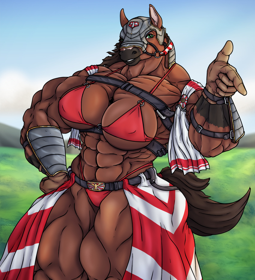 abs absurd_res anthro armor belt biceps big_breasts breasts brown_body brown_fur brown_hair clothed clothing detailed_background equid equine female fur gesture green_eyes hair headgear helmet hi_res horse loool10_(artist) mammal muscular muscular_female outside pecs pointing pointing_at_viewer skimpy smile solo