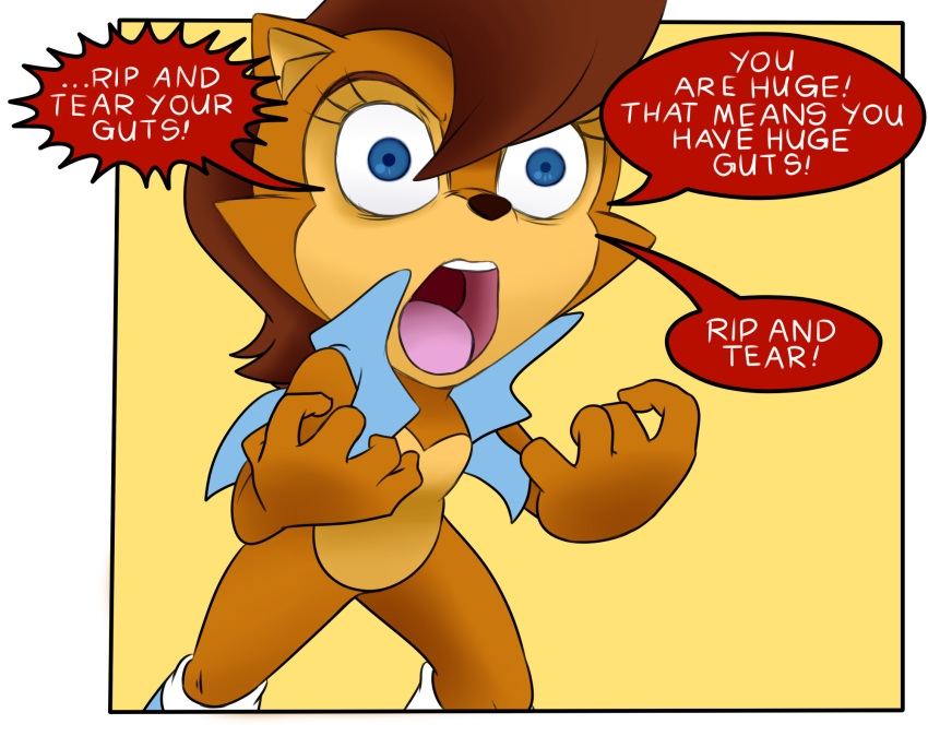 angry anthro archie_comics blue_eyes boots chipmunk clothing doom_(series) driftstar_(artist) english_text eyelashes featureless_crotch female footwear ground_squirrel hi_res id_software mammal open_mouth rodent sally_acorn sciurid sega solo sonic_the_hedgehog_(archie) sonic_the_hedgehog_(comics) sonic_the_hedgehog_(series) speech_bubble squrriel teeth text topwear vest video_games wide_eyed