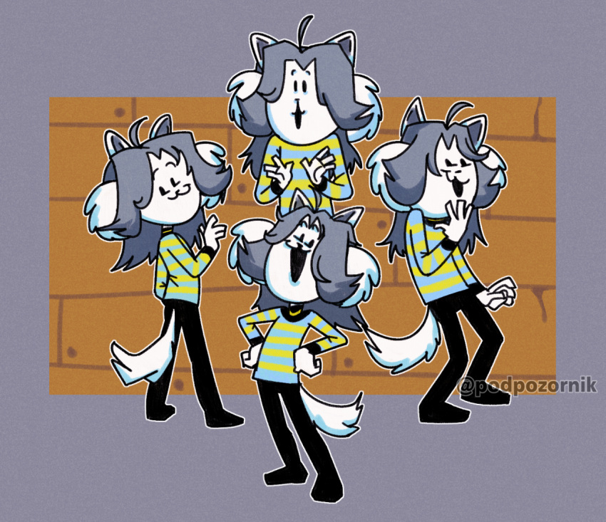 anthro canid canine clothed clothing felid feline fur hair mammal podpozornik simple_background tem temmie_(undertale) text topwear undertale video_games white_body white_fur