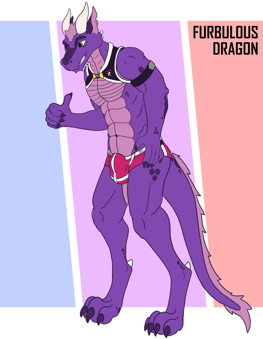 2_horns 5_fingers anthro bulge clothing dominant dominant_male dragon fingers furbulous hair hi_res horn male muscular orange_eyes pantsless pink_clothing pink_underwear pose purple_body purple_skin replic21 replictuanione scales security security_guard simple_background smile solo underwear