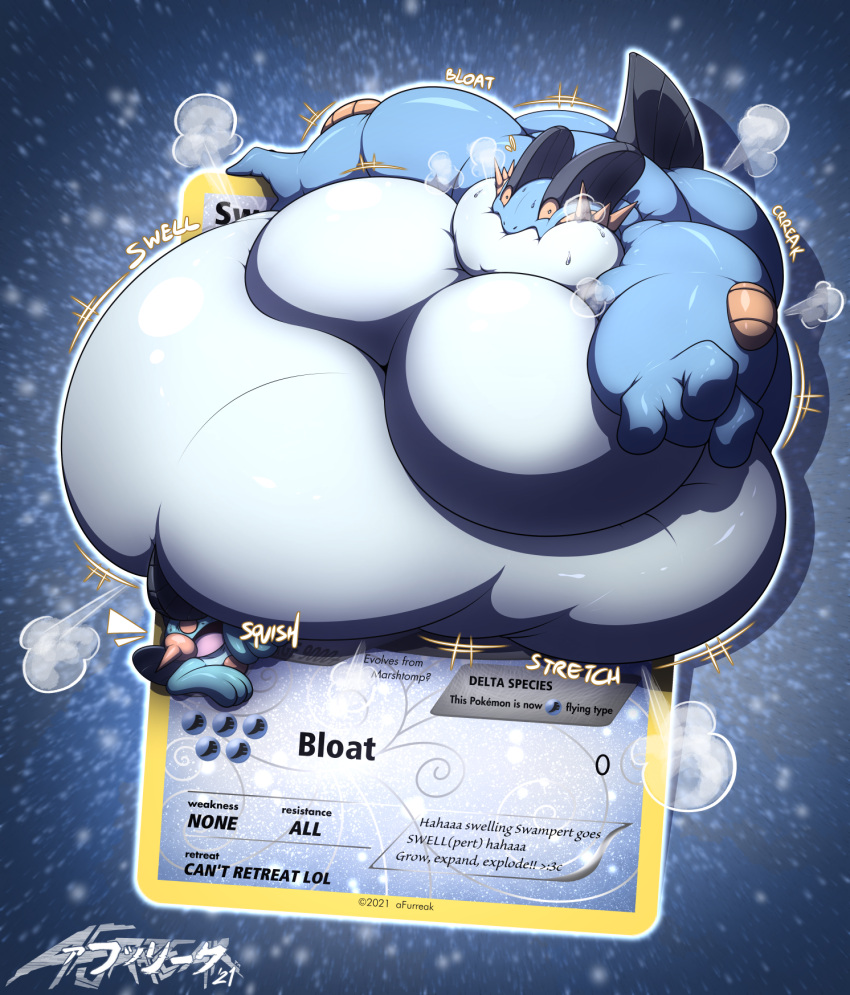 afurreak air_inflation amphibian belly big_belly bloated bloated_belly blue_body bodily_fluids card card_game duo english_text expansion gaming hi_res inflation male marshtomp moobs morbidly_obese morbidly_obese_male nintendo obese obese_male onomatopoeia open_mouth overweight overweight_male pok&eacute;mon pok&eacute;mon_(species) sound_effects squish steam stretching stuck surprise surprised_expression sweat text trading_card_game video_games weight_gain white_body