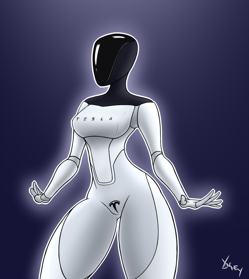 absurd_res breasts digital_media_(artwork) featureless_breasts featureless_crotch featureless_face female hi_res humanoid logo machine metal metallic_body not_furry robot robot_humanoid signature simple_background solo tesla_(brand) tesla_bot thick_thighs wide_hips yenchey