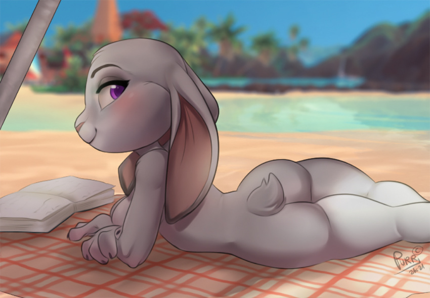 2021 anthro beach blurred_background blush breasts butt clothed clothing day detailed_background digital_media_(artwork) disney female fur glistening glistening_eyes grey_body grey_fur judy_hopps lagomorph leporid long_ears looking_at_viewer lying mammal nude outside pink_nose purple_eyes purrchinyan rabbit raveiart scut_tail seaside sky smile solo zootopia