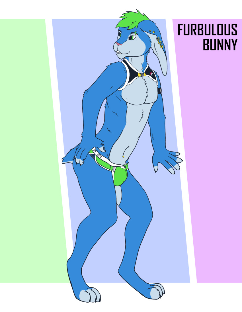 anthro blue_body bulge clothing furbulous girly green_clothing green_eyes green_underwear hi_res lagomorph leporid male mammal pantsless piercing pose rabbit replictuanione simple_background smile solo submissive submissive_male underwear