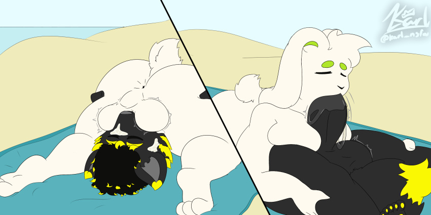 2:1 3_toes 4_fingers 5_toes 69_position anthro anubian_jackal anubis_bitar_(cubananubis) anus balls beach big_balls big_penis black_body black_fur black_hair bodily_fluids breasts butt canid canine canis cheek_tuft cum cum_in_mouth cum_inside cum_on_face day dipstick_ears dipstick_tail duo eyes_closed facial_tuft feet fellatio fingers fur genital_fluids genitals gynomorph gynomorph/male gynomorph_on_top hair hi_res intersex intersex/male intersex_on_top jackal karlthefirst lagomorph leporid lying male mammal markings motion_lines multicolored_ears multicolored_tail nude on_back on_top oral oral_penetration outside penetration penile penis rabbit rear_view roflkaapter saliva seaside sex signature spread_butt spreading toes tuft white_body white_fur yellow_markings