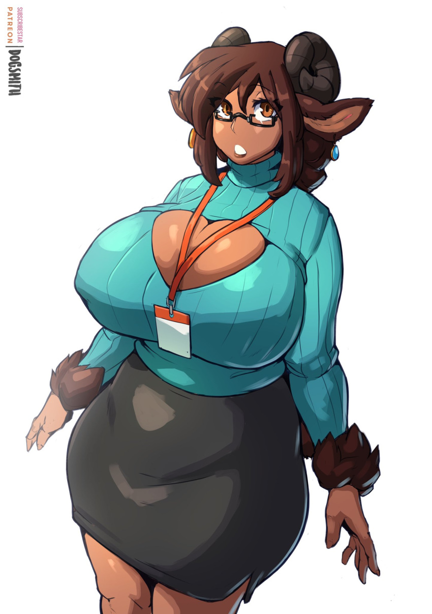 animal_humanoid big_breasts bottomwear bovid bovid_humanoid breasts brown_hair caprine caprine_humanoid cleavage clothed clothing eyewear female glasses goat_humanoid hair hi_res huge_breasts humanoid mammal mammal_humanoid simple_background skirt solo the_dogsmith white_background