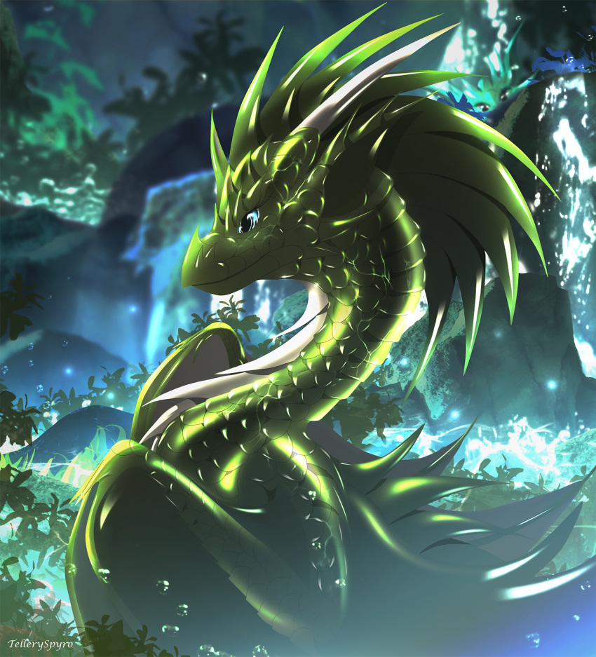 2021 blue_eyes detailed_background digital_media_(artwork) dragon feral green_body head_spikes hi_res horn male nature night scales scalie shaded solo spikes spikes_(anatomy) telleryspyro western_dragon wings