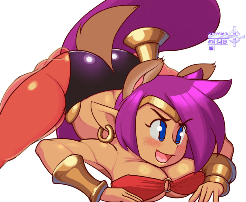 animal_humanoid animated ass_up blue_eyes blush breasts canid canid_humanoid cleavage clothed clothing crossman ear_piercing ear_ring female genie gold_(metal) gold_jewelry hair humanoid humanoid_pointy_ears jack-o'_pose jewelry mammal mammal_humanoid piercing pink_hair pose shantae shantae_(series) short_playtime simple_background smile solo tailwag video_games wayforward white_background