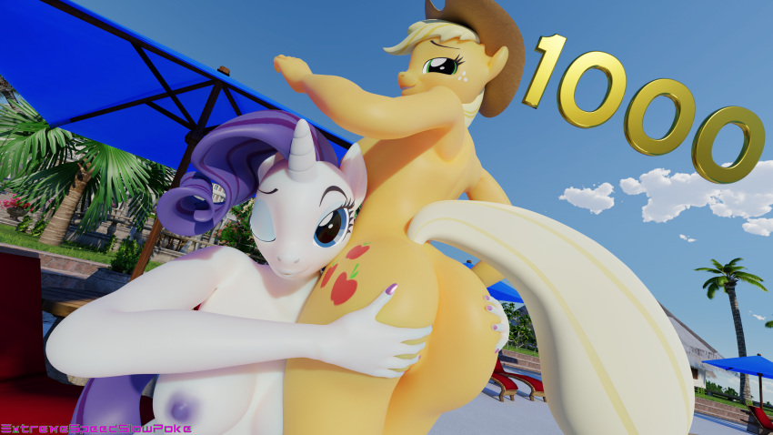 16:9 3d_(artwork) 4k absurd_res anthro anthrofied applejack_(mlp) barely_visible_genitalia barely_visible_pussy big_butt breasts butt digital_media_(artwork) equid equine extremespeedslowpoke female female/female friendship_is_magic genitals hand_on_butt hasbro hi_res horn mammal my_little_pony nude one_eye_closed outside pussy rarity_(mlp) unicorn widescreen wink