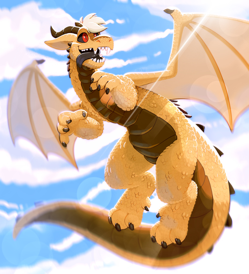 2021 absurd_res brown_body brown_scales crownedvictory dragon fangs feral flying hair happy hi_res horn lens_flare male motion_blur red_eyes scales scalie sky smile solo sunrays tongue tongue_out western_dragon white_hair wings yellow_body yellow_scales