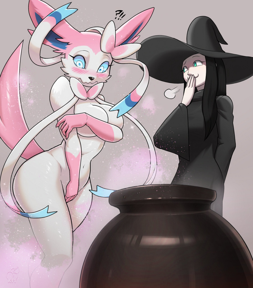 2021 ?! absurd_res anthro black_hair black_nose blue_sclera blush breasts cauldron clothed clothed/nude clothed_female_nude_female clothing covering covering_breasts covering_crotch covering_mouth covering_own_mouth covering_self duo eeveelution embarrassed embarrassed_nude_female female fur grey_background growth hair hat headgear headwear hi_res human human_to_anthro kittell_(artist) magic_user mammal navel nintendo nude pink_body pink_fur pok&eacute;mon pok&eacute;mon_(species) shocked simple_background smile smug species_transformation sylveon tail_growth transformation video_games white_body white_eyes white_fur witch witch_hat